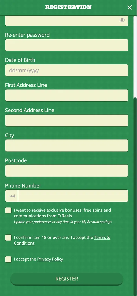 O'Reels Casino welcome bonus screen